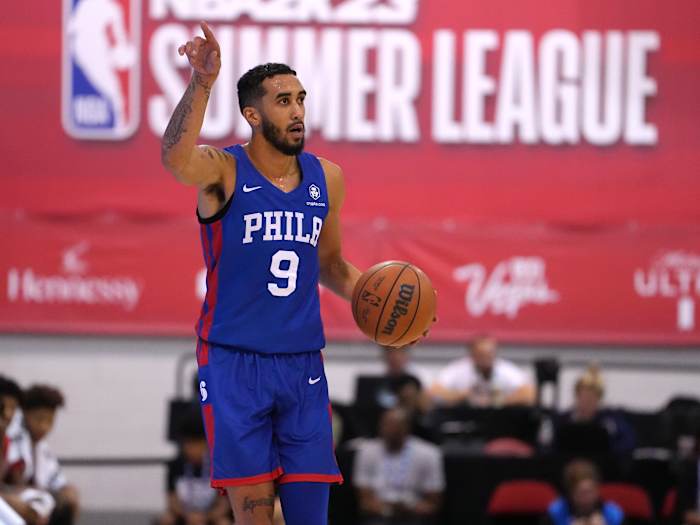 Jul 16, 2022; Las Vegas, NV, USA; Philadelphia 76ers guard Trevelin Queen (9) dribbles against the Chicago Bulls during an NBA Summer League game at Cox Pavillion.